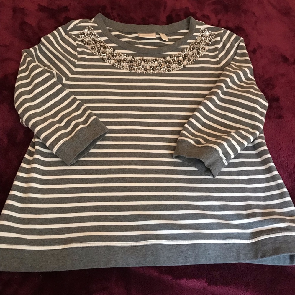 Chico’s Embellishment Gray Striped Sweatshirt EUC